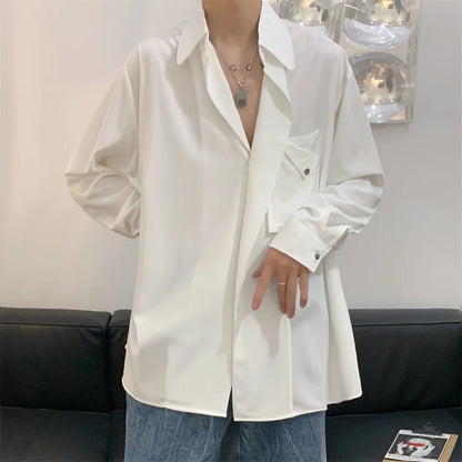 saferido Korean Streetwear Spring Color New Style Personalized Men's Suit Stand Collar Diagonal Button Long Sleeve Shirt Male