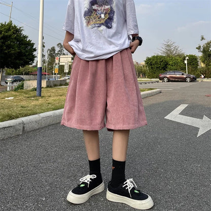 saferido Brown Corduroy Shorts Oversized Baggy Five Point Trousers Summer Korean Fashion Wide Leg  Ins Hip Hop Bottoms Men