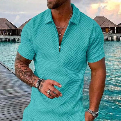 Men Summer Hawaiian Turn Down Collar V Neck T-Shirt Casual Zipper Short Sleeve Blouse Daily Tee High Quality Clothing S-3XL
