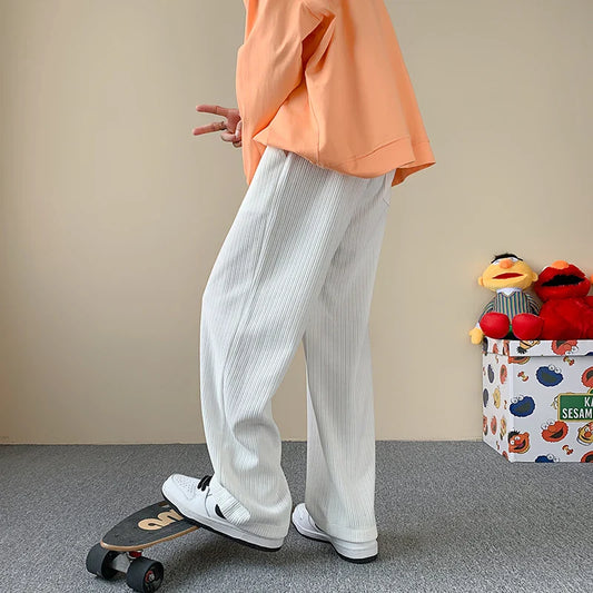 saferido Korean Fashion Corduroy Men's Casual Pants White Loose Straight Wide Leg Pants Spring New Street Casual Sports Pants 3XL