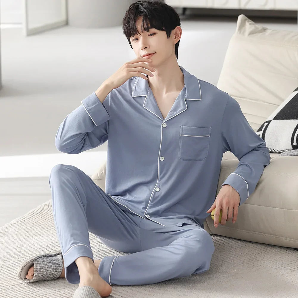 saferido Autumn Pajamas Sets Men Long Sleeve Modal Cotton Thin Teenage Boys' Large Size Spring Outwear Home Cloth Suit Sleepwear Male