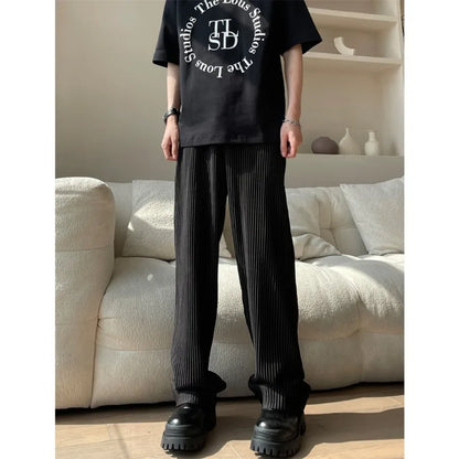saferido Summer Pleated Pants Men Fashion Oversized Ice Silk Pants Men Japanese Streetwear Loose Straight Pants Mens Casual Trousers
