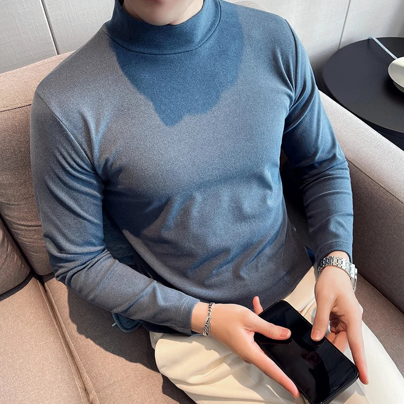 saferido  New Style Male Spring High Quality Slim Casual Long Sleeve T-shirts/Men Fashion High Collar Pure Color Leisure T-shirt 3XL