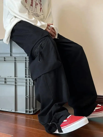 Trendy American Style Casual Pants For Men Loose Fit Straight Leg Hip Hop Summer Pants Fashion Red Cargo