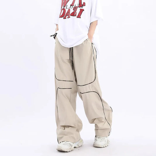 saferido Wide Leg Sports Pants for Men Khaki Trousers Hip Hop Patchwork Black Loose Casual Korean Male Streetwear Men's Clothing