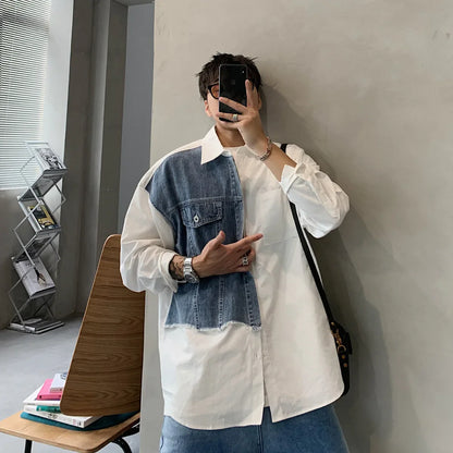 Denim Patchwork White Shirt Men Lapel Long Sleeve Button Loose Tops Spring Autumn Fashion Vintage Shirts Streetwear Male