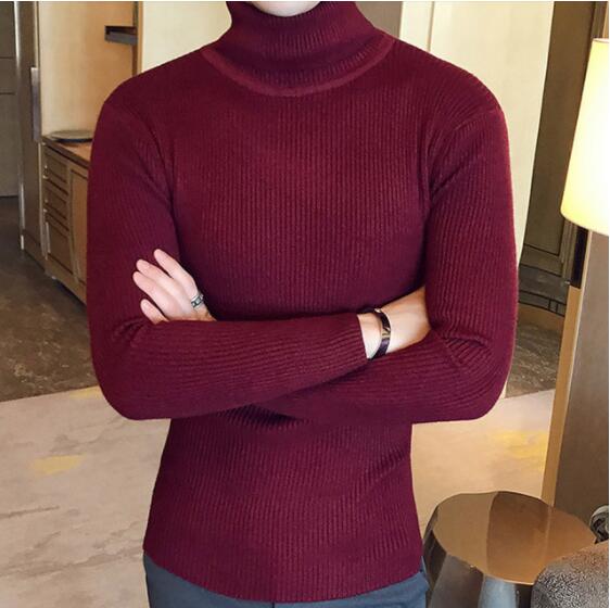 Korean Slim Solid Color Turtleneck Sweater Mens Winter Long Sleeve Warm Knit Sweater Classic Solid Casual Bottoming Shirt