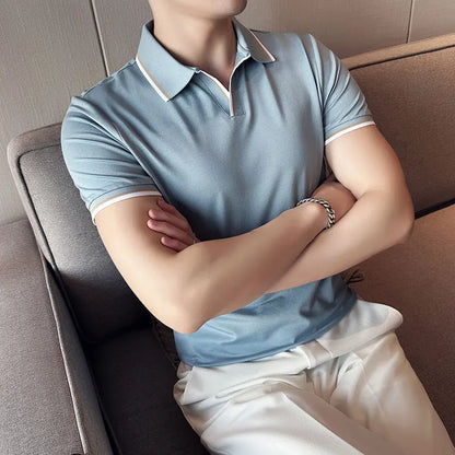 saferido  Summer New Style Men's Casual Slim Fit Short Sleeve Solid Color POLO Shirt British Slim Lapel Color Blue T-shirt Polo S-4XL