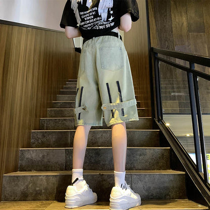saferido New Mens Fake Zippers Jeans Shorts Korean Fashion Shorts Harajuku High Street Men Clothing Casual Shorts Streetwear Short Pants