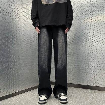 saferido Vintage Men Straight Leg Jeans Korean Student Handsome Casual Pants High Street Loose Wide Leg Jeans Vintage Blue Baggy Jeans