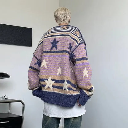 saferido Y2K Star Sweater Men Harajuku Striped Knitted Pullovers Jumpers Male Tops Oversize Purple Winter Streetwear Hip Hop