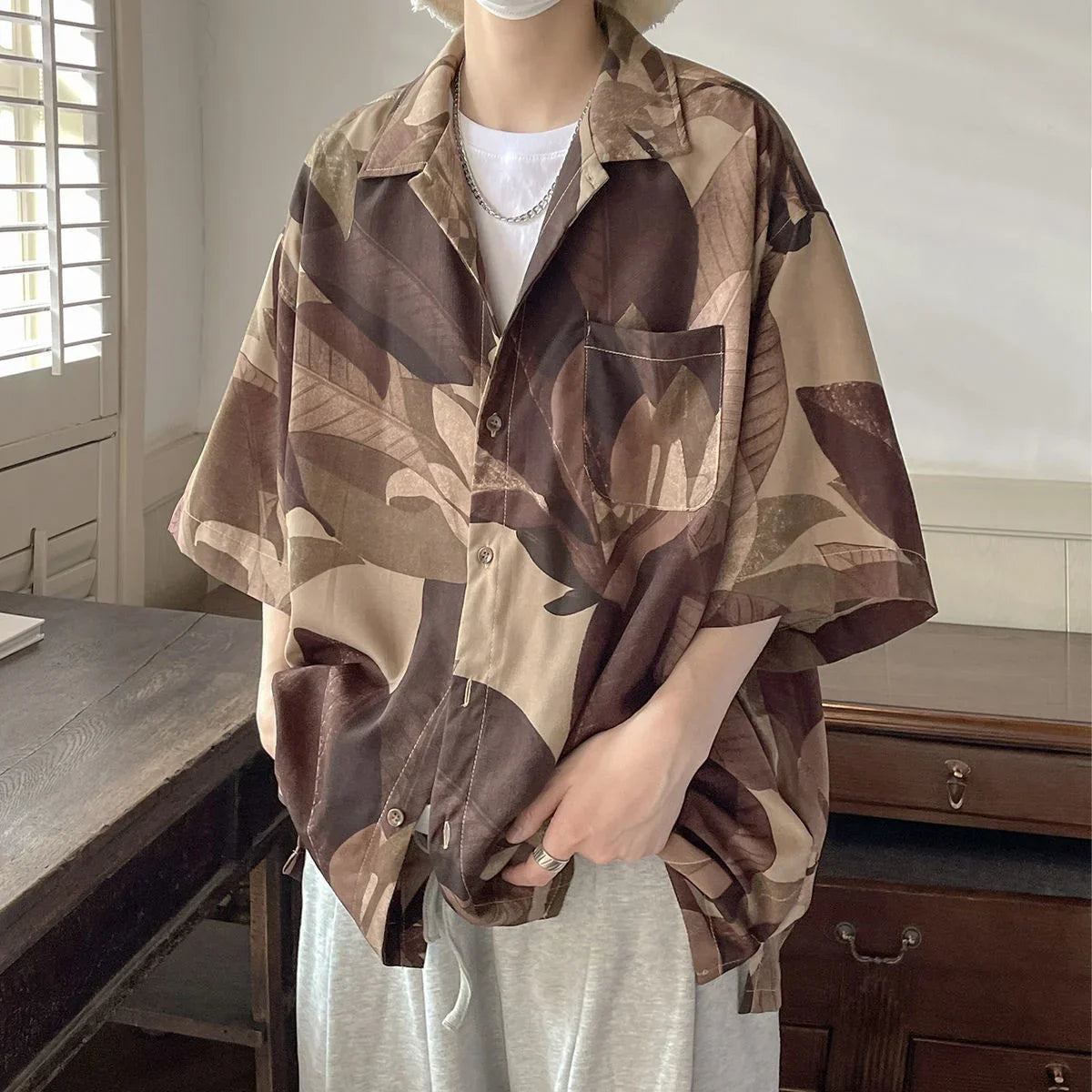 saferido Summer Men's Classic Beautiful Print Short Sleeve Shirts American Retro Style Loose Shirts Popular Grey/brown Shirts