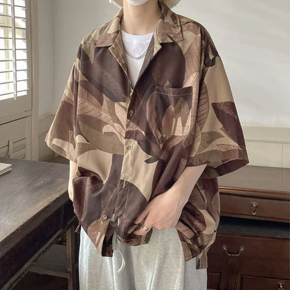 saferido Summer Men's Classic Beautiful Print Short Sleeve Shirts American Retro Style Loose Shirts Popular Grey/brown Shirts