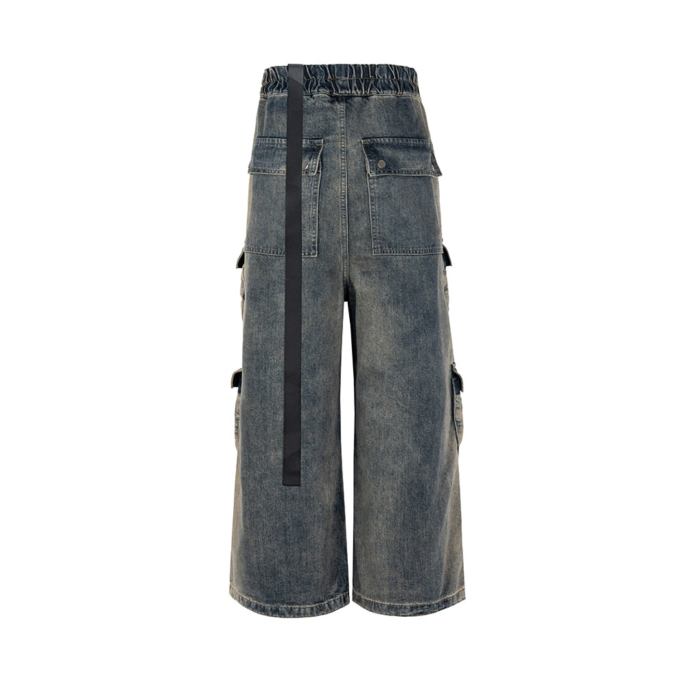 Style Gradient Ribbons Multi-pockets Drawstring Jeans for Men Harajuku Streetwear Baggy Y2K Denim Trousers Oversized Cargos