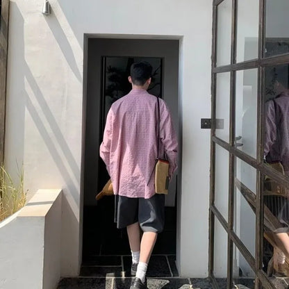 saferido Pink Plaid Shirts Men American High Street Vintage All-match Teens Streetwear Teens Couples Baggy Summer Autumn Y2k Tops Chic