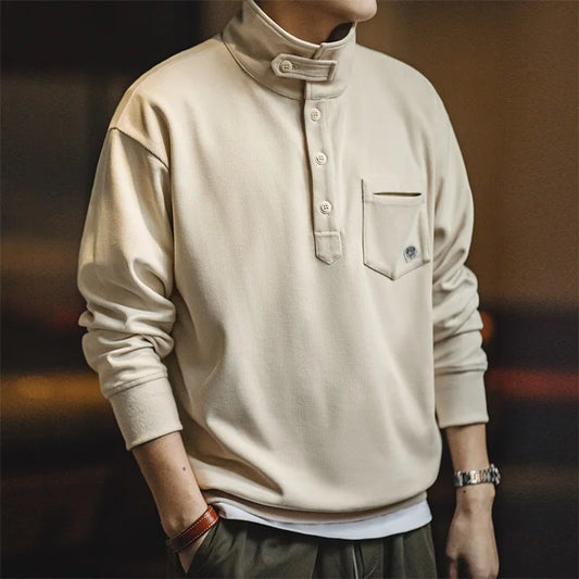 saferido Men's Half-Placket Sweatshirt American Retro Casual Polo Collar Shirt Cozy Style Lapel Pullover for Men Spring and Autumn