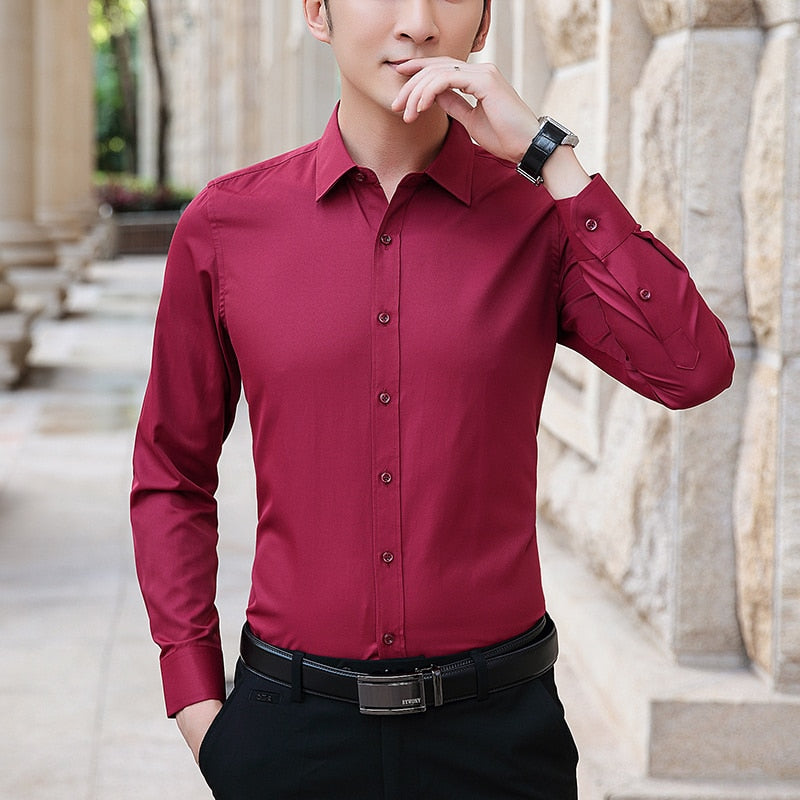 Size M-8XL Men Dress Shirts Long Sleeve Turn Down Collar Solid Color Business Work Shirt Slim Fit Anti-wrinkle Men Clothe