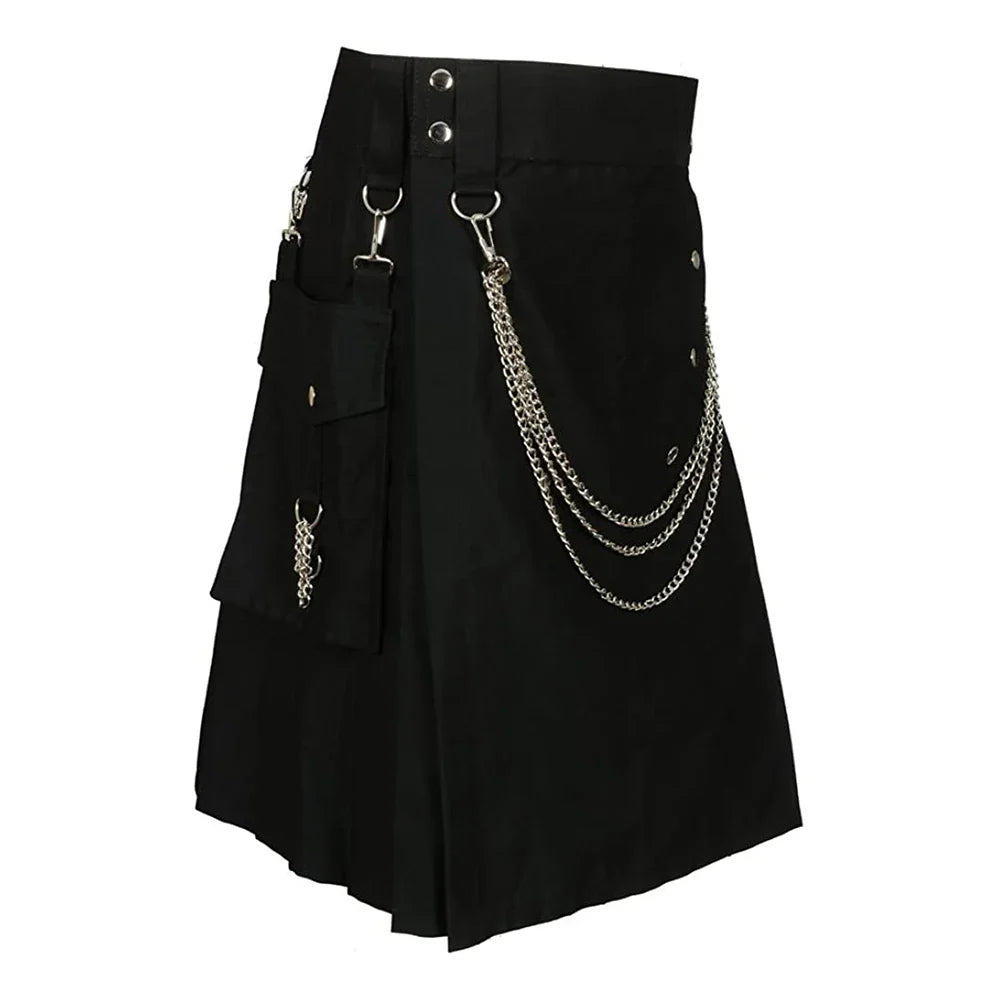 saferido Summer Fashion Utility Kilt with Silver Chains Black Skirt Bottom Men's Scottish Festival Skirts Punk Rock Metal Pendant Pleated Skirt