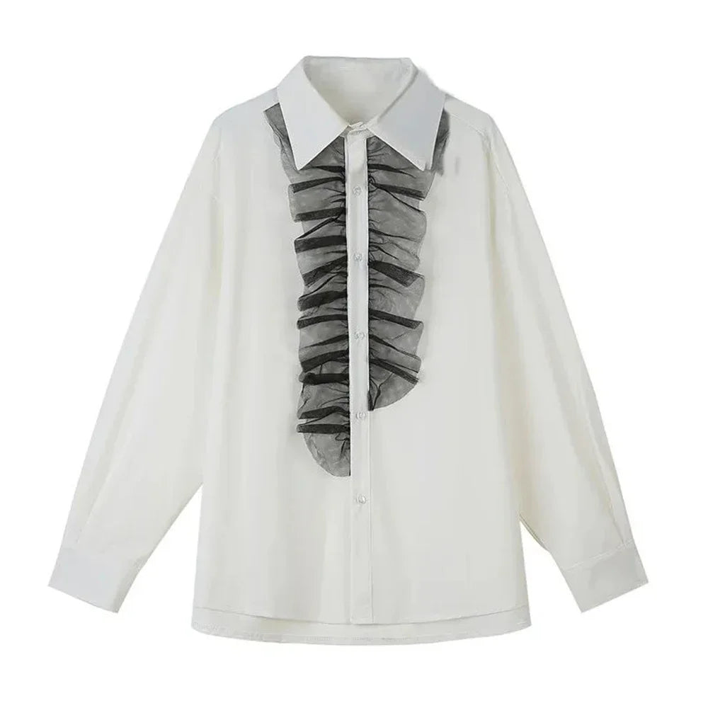 saferido 2024 New Spring Fashion Dark Style Personality Lace Decoration Temperament Youth Men's Loose Casual Long-sleeved Shirt