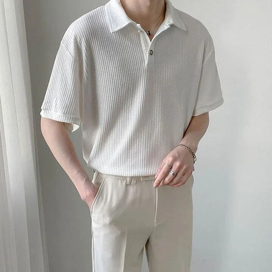 Summer Men Solid Color Tops New Korean Style Button Polo Shirts Fashion Casual Loose Lapel Polo Shirts Men's Clothing