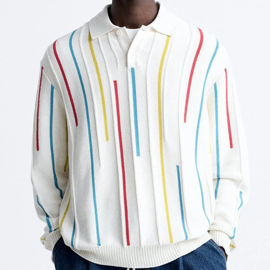 saferido Mens Striped Casual Knitted Polo Shirt Genderless Spring Autumn Thin Fashion Simple Loose Comfortable Long-Sleeve Shirt Unisex