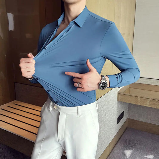 saferido  Men Spring High Quality Business Dress Shirts/Male Slim Fit High Elastic Force Long Sleeve Shirts Size S-4XL