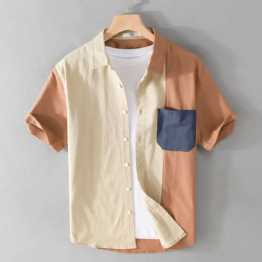 saferido Men's Clothing Summer Short Sleeve Lapel Contrasting Colors Thin Casual Trend Korean Version Loose Vintage Fashion Shirt