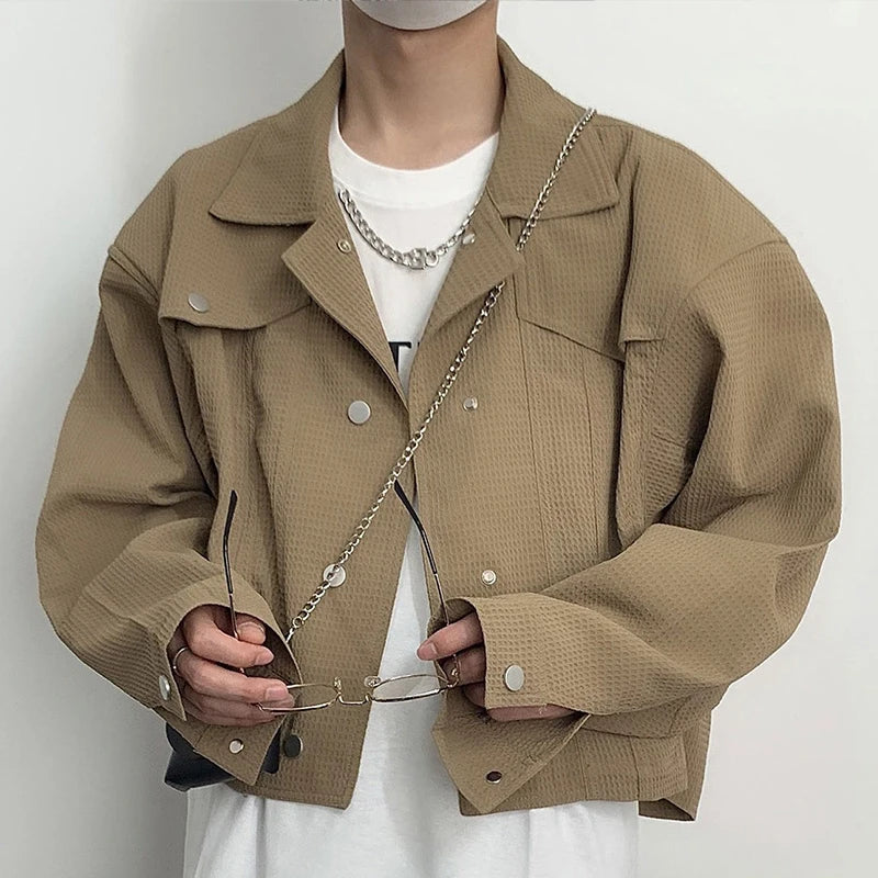 Spring Clothing Men's Leisure Short Jacket Streetwear Solid Color Button-down Collar Korean Harajuku Long Sleeve Luxury Coats