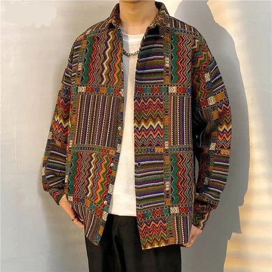 Retro Print Jackets Men Harajuku Cozy Autumn Long Sleeved Outwear Holiday Popular Korean Style Unisex Loose Males Clothes Street