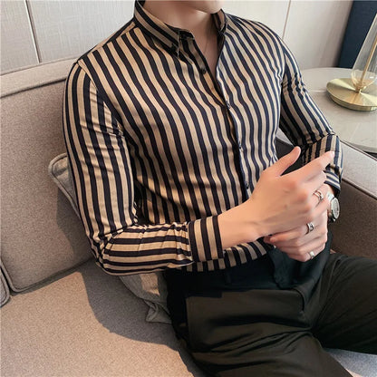 saferido  Masculina Spring Shirts Men Dress Vertical Stripe Streetwear Slim Men Shirt Casual Long Sleeve Chemise Homme Tuxedo Shirt