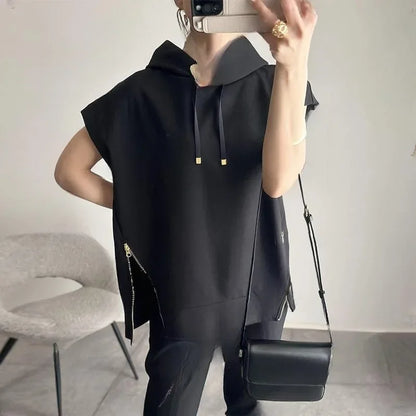 saferido In-stock Japanese Style Summer New Hooded Zippered Short Sleeve Top Hooded Two-sided Zippered Short Sleeve T-shirt
