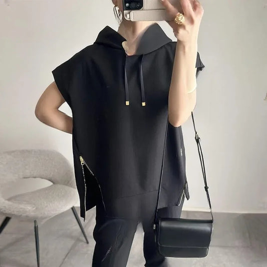 saferido In-stock Japanese Style Summer New Hooded Zippered Short Sleeve Top Hooded Two-sided Zippered Short Sleeve T-shirt