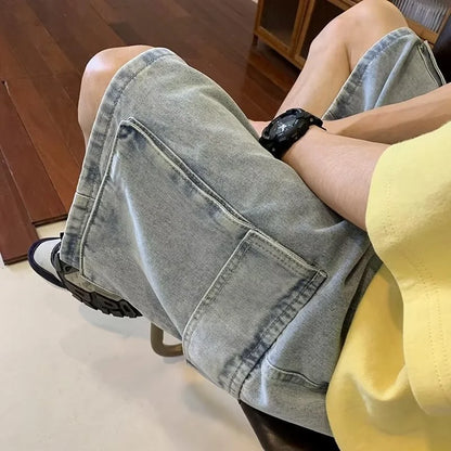 saferido Summer Denim Shorts Men Oversized Vintage Pocket Cargo Shorts Men Japanese Streetwear Hip Hop Loose Wide Leg Shorts Mens Jeans