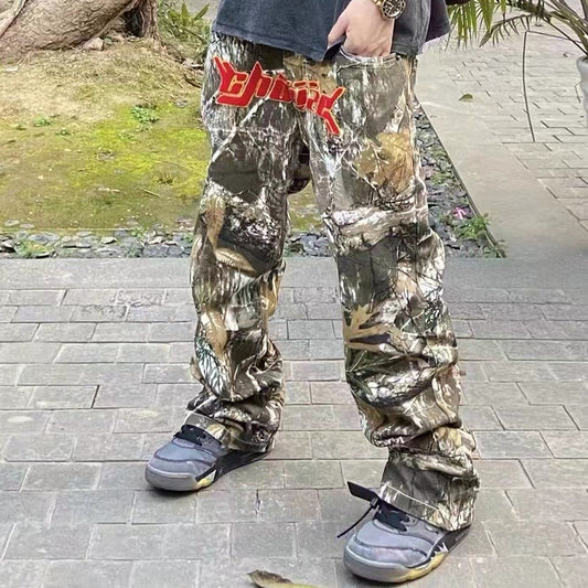 Letter Towel Embroidery Camouflage Cargos for Men Streetwear Casual Y2K Baggy Overalls Pants Oversized Unisex Spliced Trousers