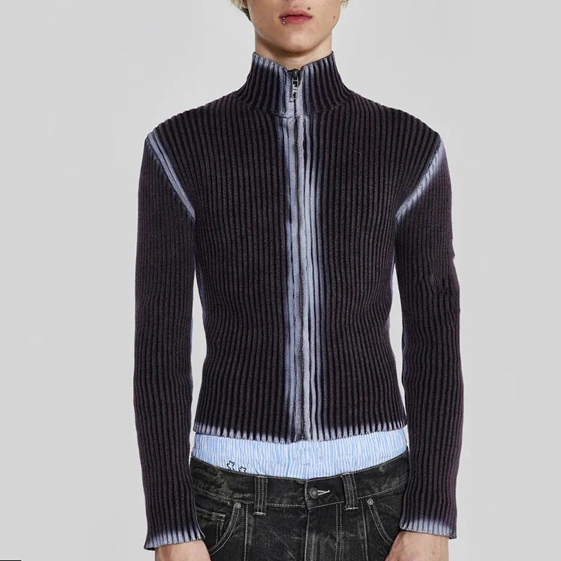 Streetwear Men Knitted Vest Pullovers New Men's Turtleneck Sleeveless Top Sweater Zipper Tie-dye Clothing Autumn C3482