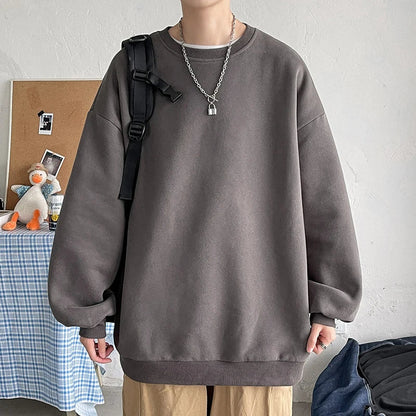 saferido Harajuku Sweatshirts Men Korean Solid Color Basic O Neck Oversized Pullovers Spring Autumn Simple Fashion Casual Tops 5XL-M