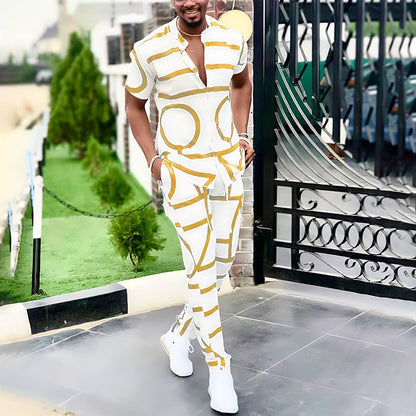 Spring Summer Men's Casual Two Piece Sets Short Sleeve Tops And Long Pants Suit Fashion Pattern Print Outfit Men Streetwear