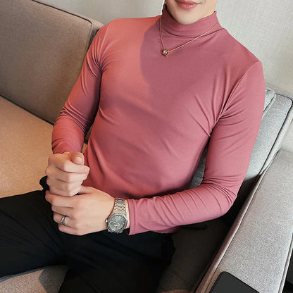 saferido  Men spring High Quality Casual Long Sleeve T-shirts/Male Slim Fit Fashion High Collar Long 
 Sleeve Casual T-shirt Black White S-4XL