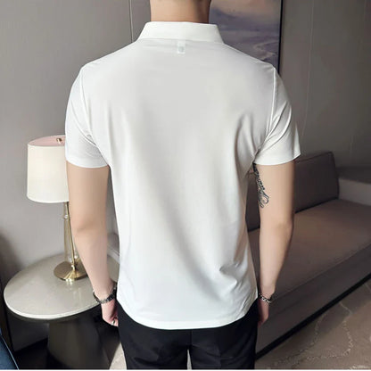 saferido British Style Men's High Elastic Ice Silk Dark Striped Lapel Polo Shirt Golf Casual Slim Fit Short Sleeve Shirt Khaki