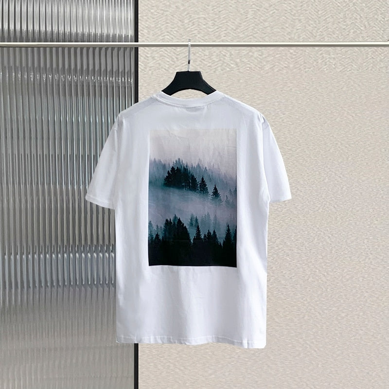 T-Shirts Men's High Street Hip Hop Loose Tees  Oversize Unisex 100% Cotton back landscape print T-Shirt