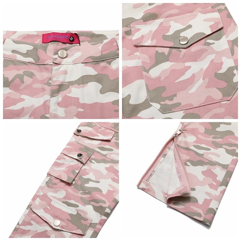 Harajuku Camou Wide Cargo Pants Hiphop Zipper Multi-pocket Pink Camouflage Micro Flared Pants for Men Slim Women Clothing