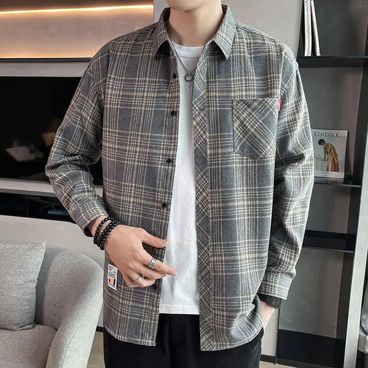 saferido Button Turn-down Collar Sven Simplicity Pockets Handsome Lattice Shirts Loose Men's Clothing Fashion Casual Spring Summer Thin