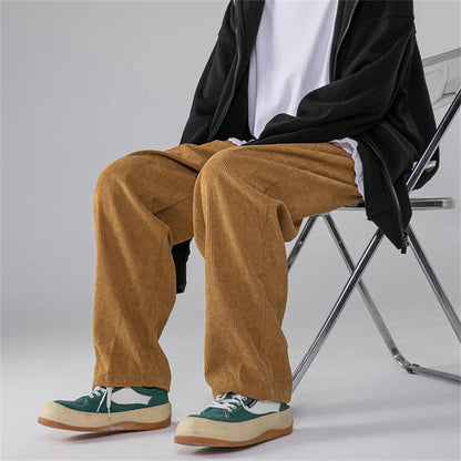 saferido Men's Corduroy Pants Trendy Brand Loose Straight Pants Korean Wide Leg Pants Couple Style Home Casual Pants Beige Black Brown