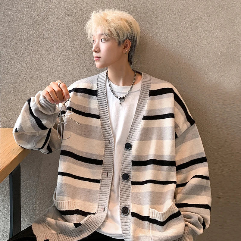 saferido Autumn Striped Cardigan Sweater Men Korean Knitted Sweater Pullover Harajuku Hip Hop Streetwear Loose Knitwear Coat Male Clothes