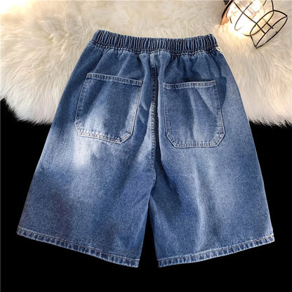 saferido Summer New Men's Denim Shorts Korean Street Loose Casual Shorts Fashion Elastic Waist Stitching Blue Five-point Pants
