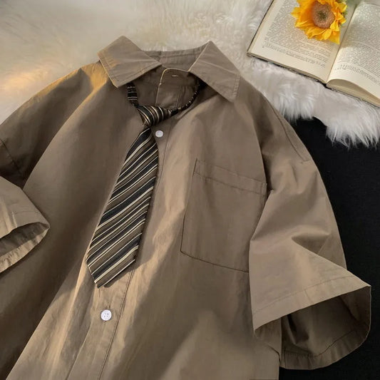 saferido Brown Vintage Shirts Female Japanese Urban Girl Tooling Short-sleeved Blouses Oversize Five-point Sleeve DK Uniform Tops