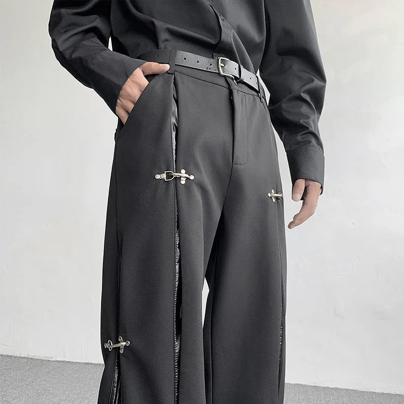 Men's Pants Autumn Winter Metal Buckle Design PU Leather Splicing New Fashion Solid Color Darkwear Trousers