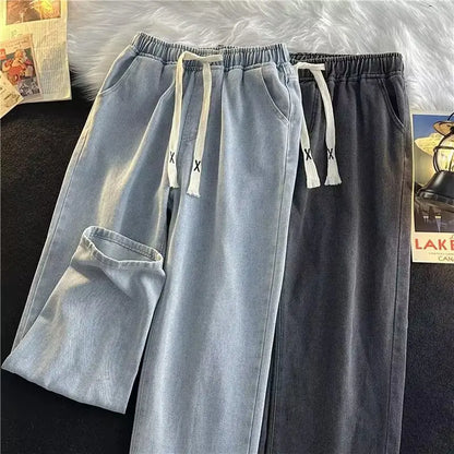 saferido Spring And Autumn Harajuku Hong Kong Style Simple Loose Trend Ins Versatile Casual Drawstring Straight Long Pants Jeans For Men