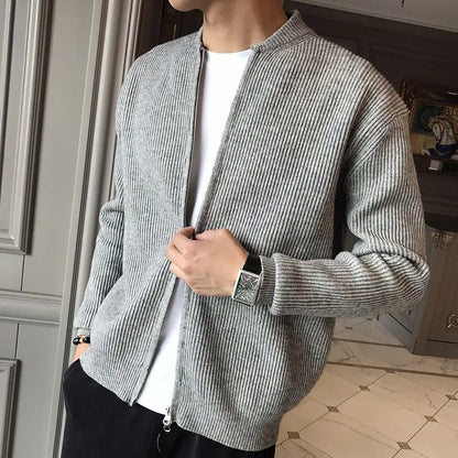 New Spring and Autumn Korean Edition Trend Stand Collar Solid Color Pit Stripe Slim Fitting High-end Men's Sweater Cardigan