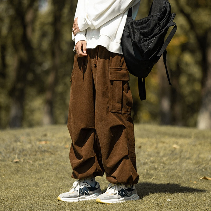 Streetwear Pants For Men Fashion Loose Pockets Cargo Pant Autumn Casual Solid Color Corduroy Trousers Mens Vintage Lantern Pants